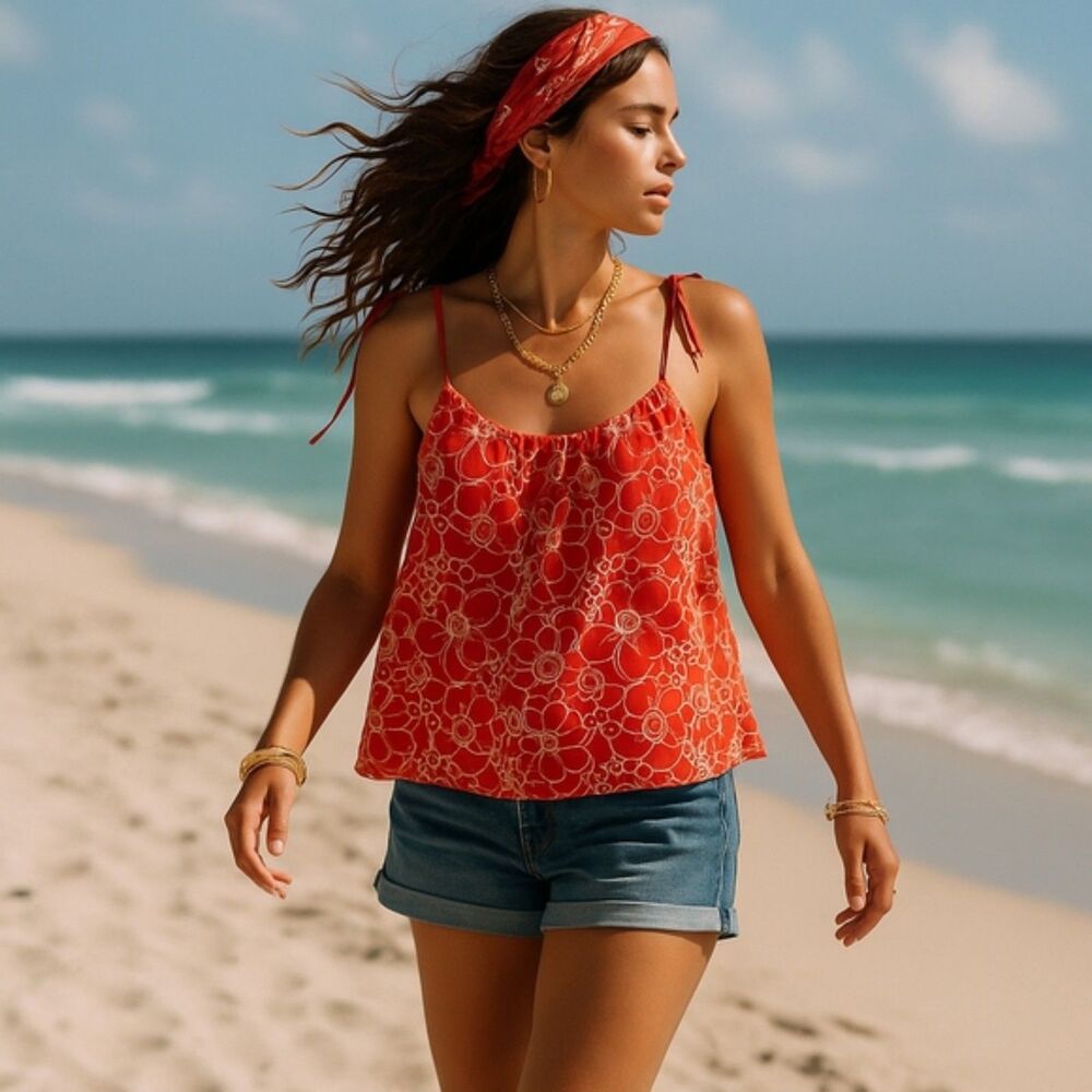 Buffalo David Bitton XS Rosie Red Embroidered Eyelet Halter Spaghetti Strap Top